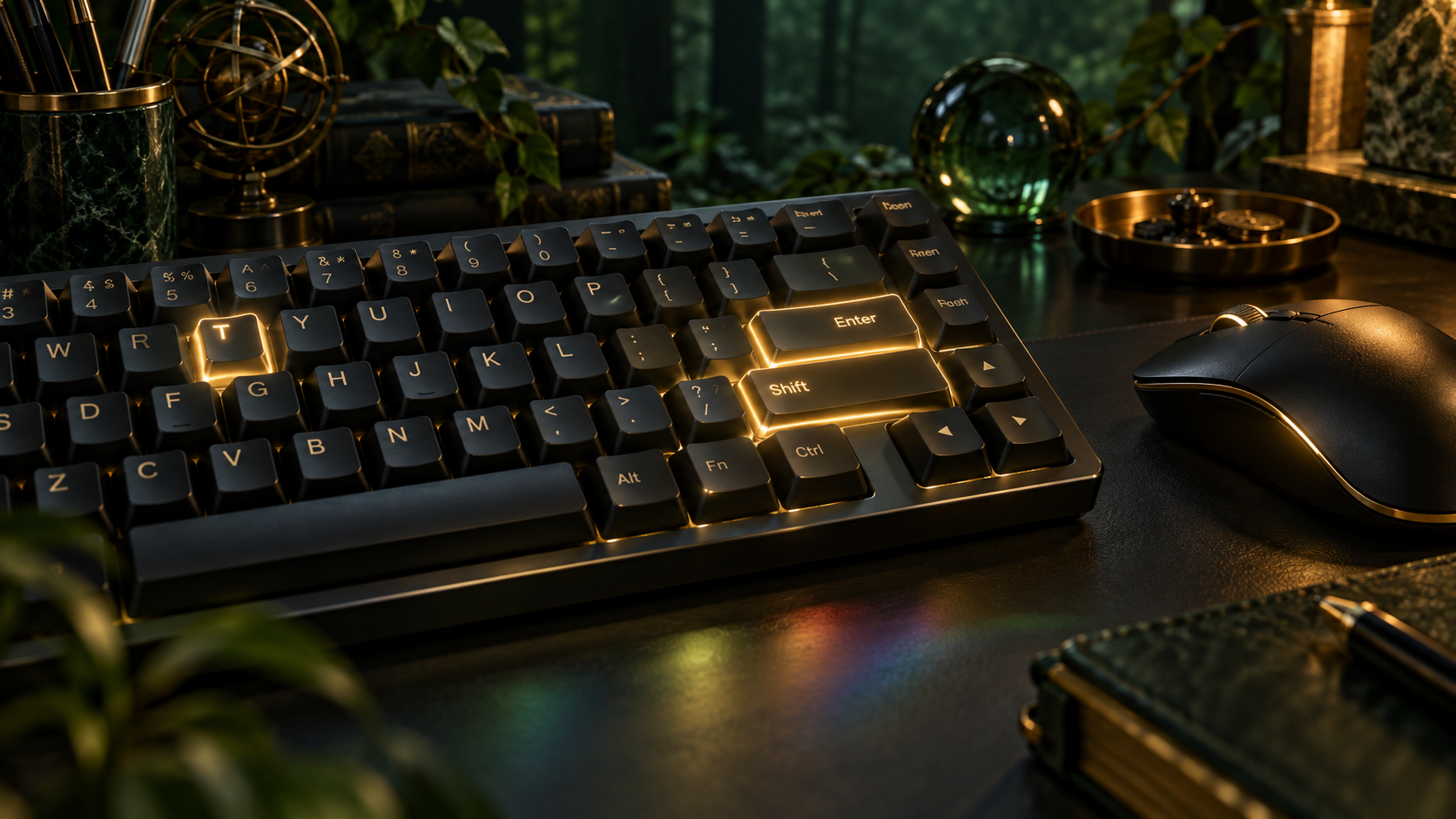 Illustration of a warmly lit keyboard and mouse