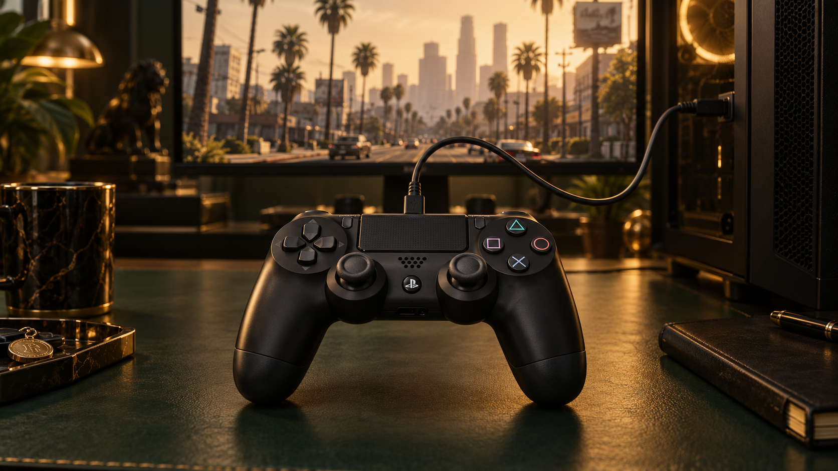 PS4-style controller at a gaming PC
