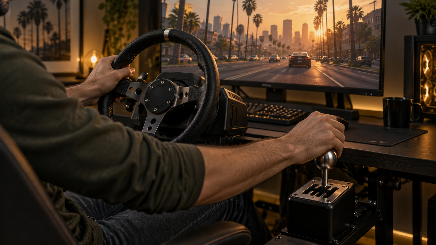 Illustration of a player using a steering wheel and separate manual gear shifter